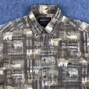 Vintage WOOLRICH Brown Elk Bear All Over Print Men's 2XL Button Down Twill Shirt